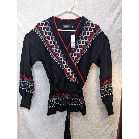 NWT Ny & Co Black Red White Sweater With Tie Waist Medium - Picture 1 of 11
